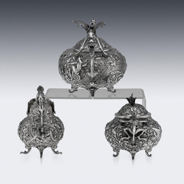 Antique Italian Silver Three Piece Tea Set by G.Accarisi, 1890, Set of 3 For Sale - Image 3 of 18