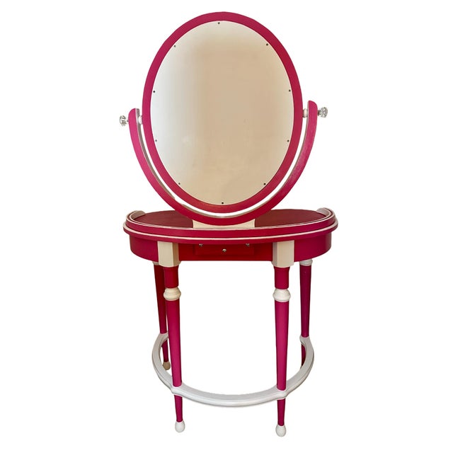 Traditional Fully Refurbished & Hand-Painted Whimsical Regency Pink Vanity Set With Swivel Mirror & Custom Leopard Stool – 3 Pieces For Sale - Image 3 of 10