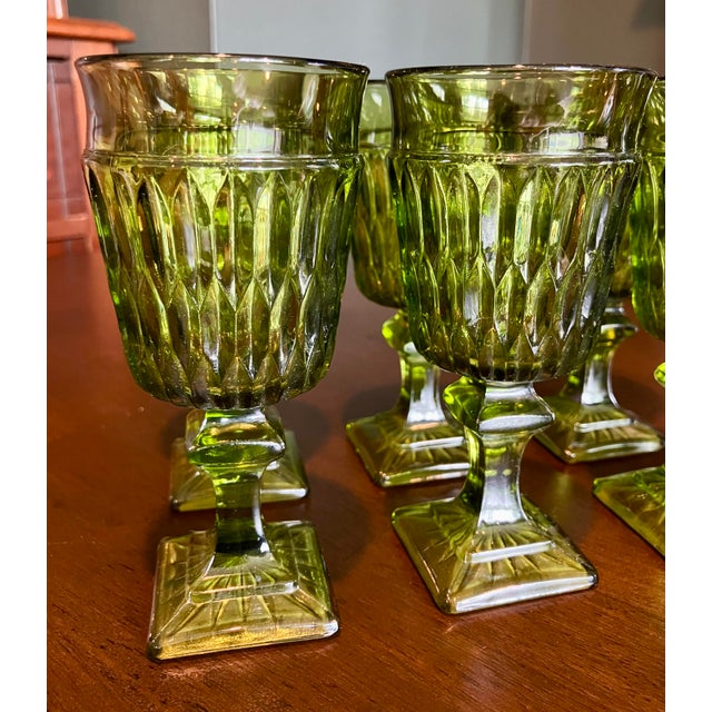 Glass 1960s Mid-Century Modern Avocado Green Diamond Point Goblets – Elegant Set of 6 For Sale - Image 7 of 14