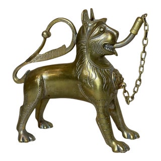 Antique 1800's Bronze Brass Aquamanile Lion Oil Lamp Lighter Temple Lion Statue For Sale