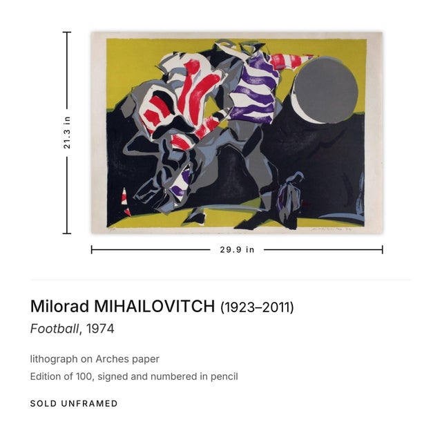 Contemporary 1974 Milorad Mihailovitch Football Signed Lithograph For Sale - Image 3 of 3