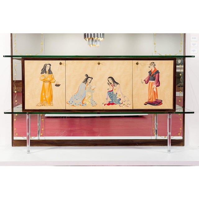 Brown Mid Century Mirrored Bar Cabinet Credenza With Asian Motif, Made in Italy For Sale - Image 8 of 15