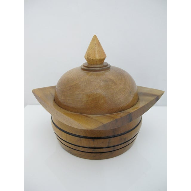 Vintage 1976 Hand Turned Wood Geometric Circular Box With Dome Lid For Sale - Image 4 of 10