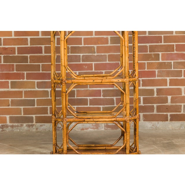 Wood Midcentury Bamboo and Glass Etagère with Five Shelves and Geometric Accents For Sale - Image 7 of 12