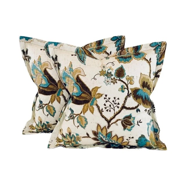 Textile P Kaufmann Waverly Brown Cream Tan Teal Botanical Jacobean Leaf Vine 18" Pillow Covers- Pair For Sale - Image 7 of 7