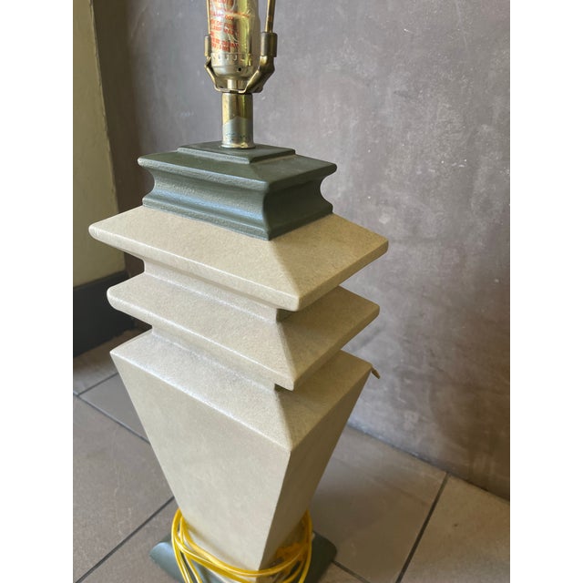 1980s Postmodern Tiered Geometric Plaster Table Lamps W/ Coolie Shades - a Pair For Sale In San Diego - Image 6 of 12