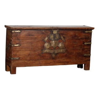 Antique Indian Teakwood and Brass Pitara Chest Console For Sale