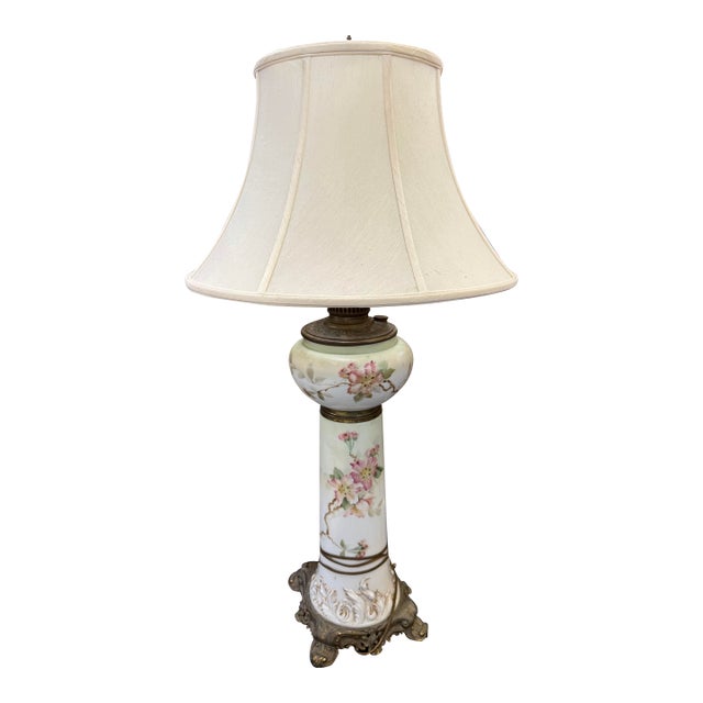 1930s Victorian Hand Painted Floral Roseart Shade Banquet Lamp 35in For Sale