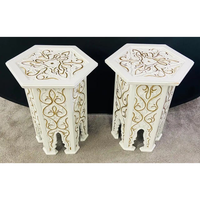 Hollywood Regency Hollywood Regency Moroccan Stye Side or End Table White With Gold Design, a Pair For Sale - Image 3 of 10