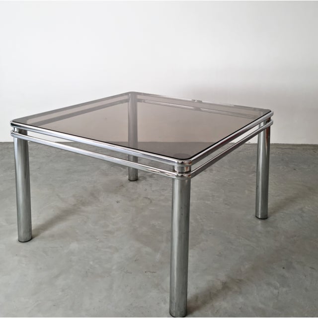 Mid-Century Modern Italian Mid-Century Modern Tubular Chrome and Smoke Glass Dining Table, 1970s For Sale - Image 3 of 7