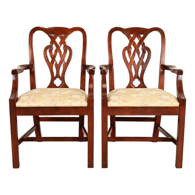 Baker Furniture Georgian Carved Mahogany Armchairs, Pair For Sale