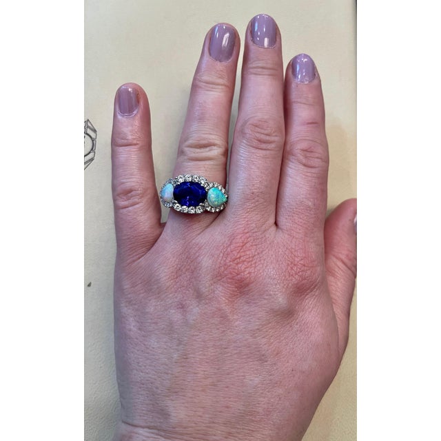 5 Carat Oval Tanzanite, Diamond and Opal Ring 14 Karat White Gold, Estate For Sale - Image 14 of 18