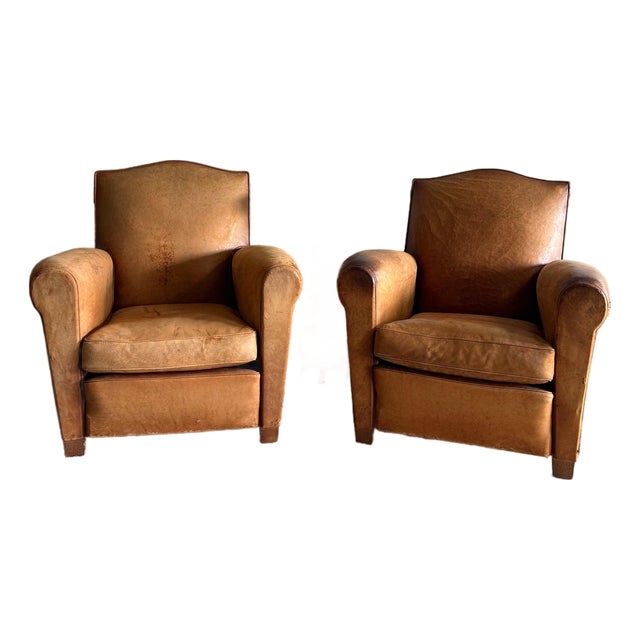 Vintage Pair of French Leather Moustache Chairs For Sale