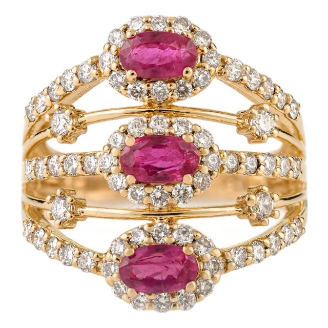 Deco-Style 1.15 Ct Three Stone Ruby Diamond Five Row Wide Band Ring Size 7 For Sale