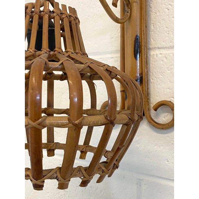Brown Rattan and Bamboo Wall Lamps, 1970s, Set of 2 For Sale - Image 8 of 14