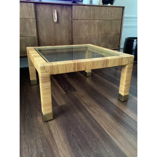 1970s Vintage Wicker & Brass Coffee Table With New Glass Top For Sale - Image 5 of 5