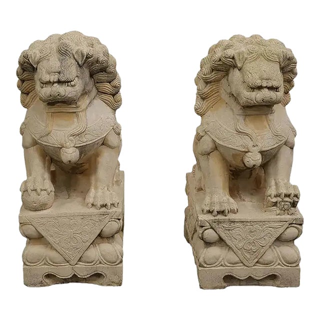 30 H Large Pair of Vintage Boho Monumental Cast Concrete Foo Dogs For Sale