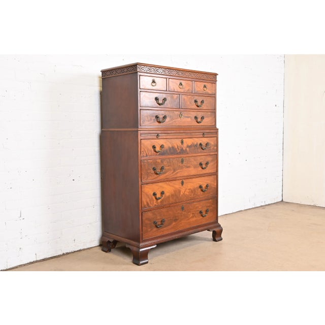Flame Mahogany Highboy Dresser in the Manner of Baker