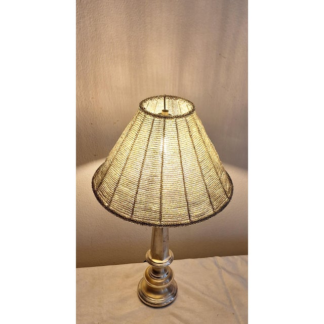 Vintage Metal Table Lamp with Glass Bead Shade, 1970s For Sale - Image 3 of 9