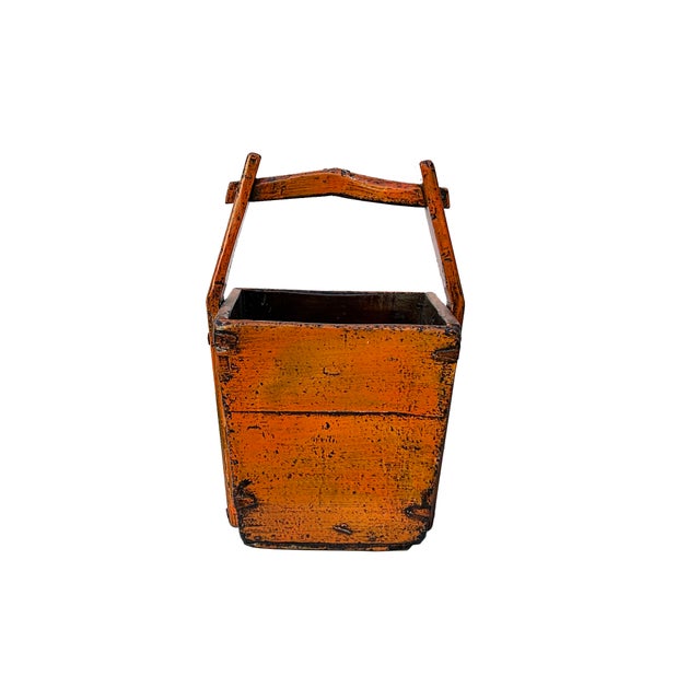 Vintage Rustic Orange Square With Handle Wood Bucket For Sale - Image 4 of 6