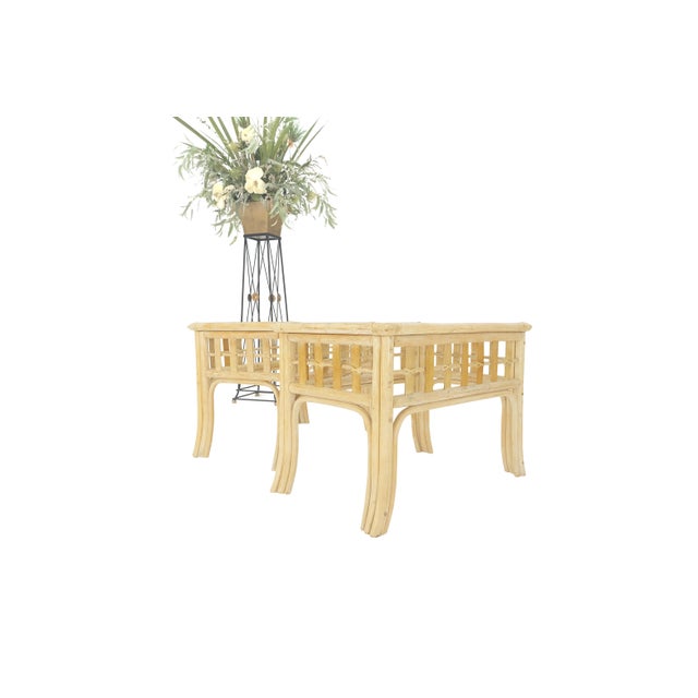 Pair of White Wash Pickle Finish Rattan Rectangle Glass Top End Side Tables MINT For Sale - Image 9 of 12