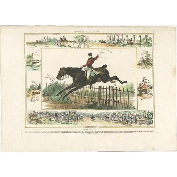 Antique print titled 'Équitation Francaise 1834 (.) Course au Clocher (.)'. Original lithograph of a horse race. Published...