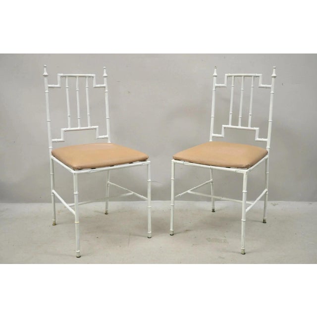 Vintage Italian Hollywood Regency White Faux Bamboo Metal Accent Small Side Chairs - a Pair. Circa Mid 20th Century....