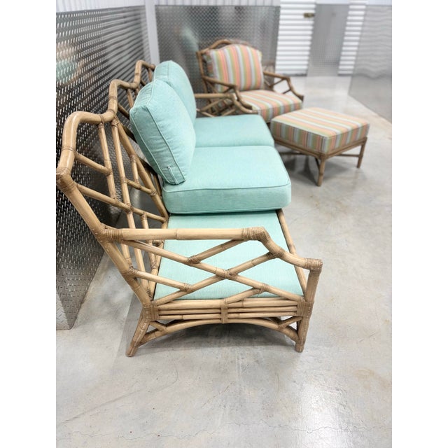 David Francis Attributed Chippendale Rattan Sofa Set. Couch, Chair and Ottoman, Used, Like New, for Fraction of Price. For Sale - Image 10 of 12