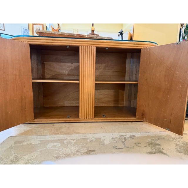 Wood Mid-Century Modern Pencil Reed Rattan Oval Demilune Credenza For Sale - Image 7 of 8