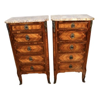 1900 Pair Antique French Louis XV Walnut & Marble Top Nightstands Bedside Tables For Sale
