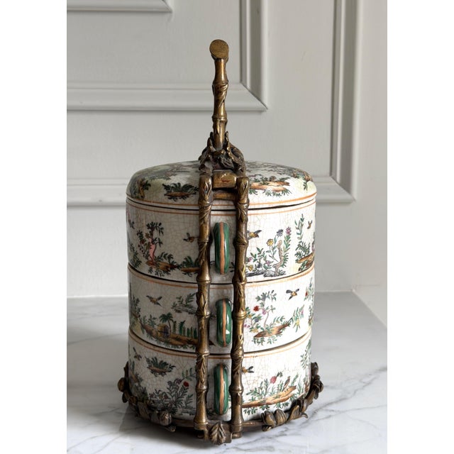 Vintage Chinoiserie Famille Rose Crackled Ceramic Stacking Lunch Box 12"x6.25" For Sale In Philadelphia - Image 6 of 18