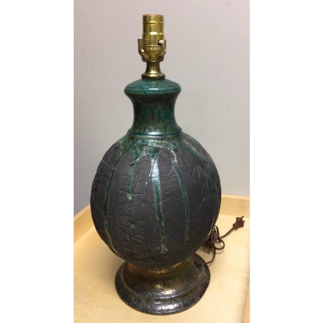Mid-Century Modern Mid Century Green Raku Pottery Lamp For Sale - Image 3 of 11