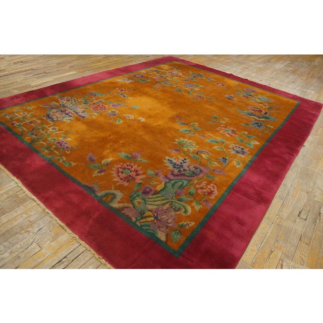 1920s Burnt Orange Floral Antique Chinese Art Deco Carpet 8'8'' X 11'4'' Knotted Pile Wool Rug For Sale - Image 12 of 12
