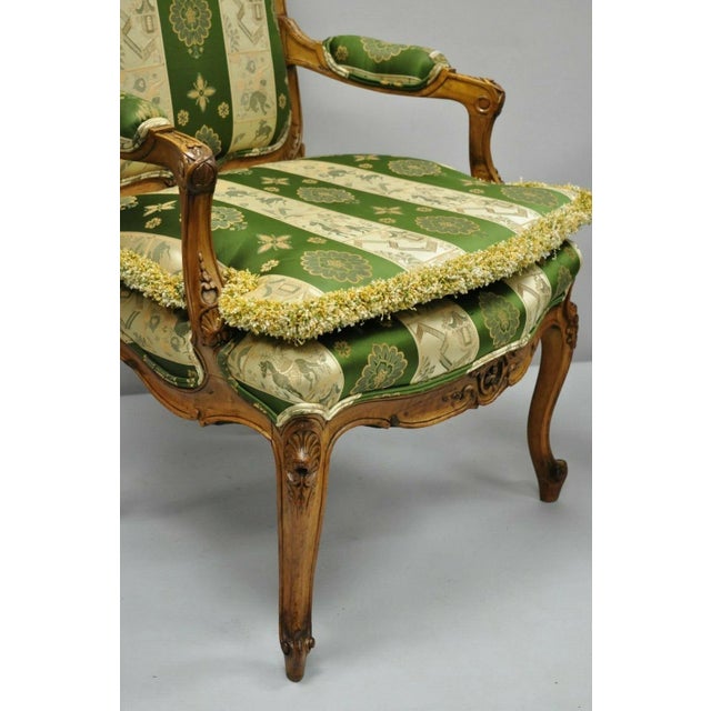 Antique French Louis XV Style Green & Gold Walnut Fauteuil Arm Chairs - A Pair For Sale In Philadelphia - Image 6 of 12