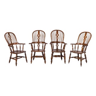 English Elm Broad Arm Windsor Armchairs, 19th Century - Set of 4 For Sale