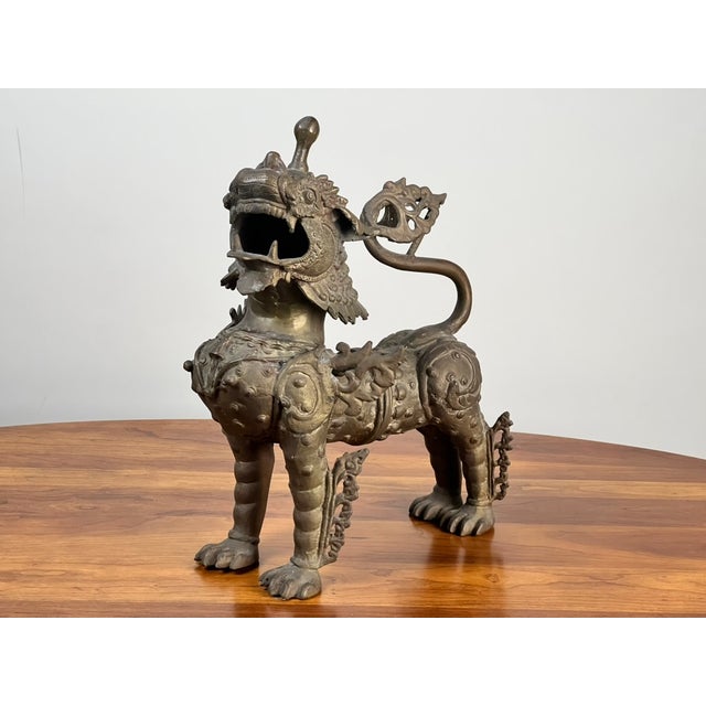 Asian Vintage 17” Cast Brass Pixiu Tibetan Lion C. 1960 For Sale - Image 3 of 9