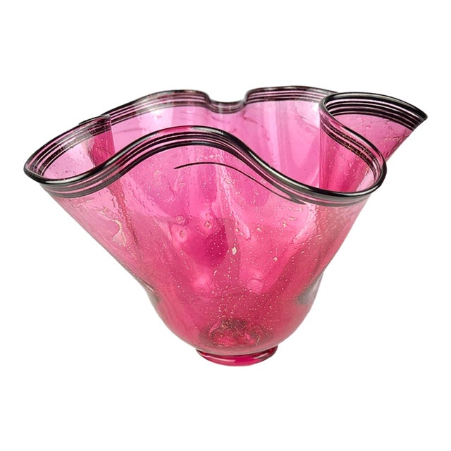 Large 12" Signed Paul Bendzunas Magenta & Gold Fleck Hand-Blown Art Glass Handkerchief Bowl For Sale