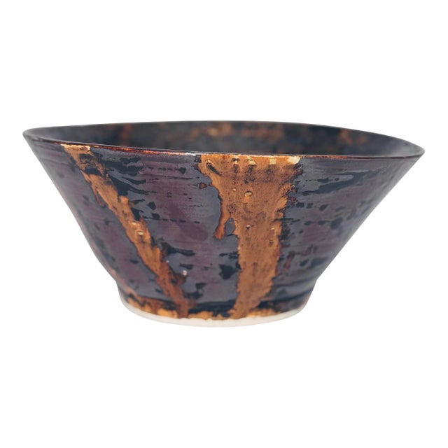 Signed Studio Pottery Bowl | j.a. Ridley 2013 | Drip Glaze Stoneware | Bronze & Black Oil-Spot Glaze | Large Centerpiece Bowl For Sale