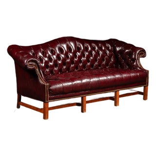 Vintage Chippendale-Style Camelback Chesterfield Leather Sofa in Oxblood For Sale