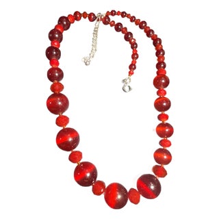 1960s Red Cats Eye Lucite Beads Interspersed With Cherry Red Faceted Glass For Sale