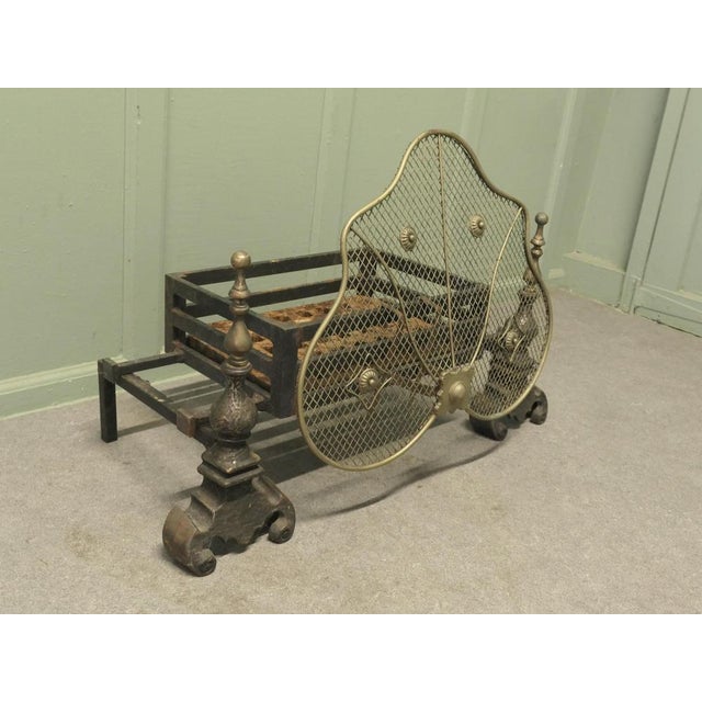 19th C Inglenook Fire Grate on Andirons with Brass Guard This is a very unusual piece, a heavy hand Forged Iron Log Grate...