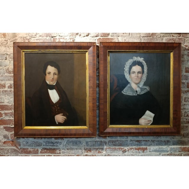 American school ,Folk Art -Portraits of Husband & Wife - Pair of Original Oil Paintings-1834 Oil paintings on canvas -...