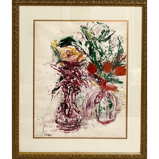 Abstract Theresa Bernstein, Abstract Still Life Oil Painting with Ink Theresa Bernstein Flowers in Vase, 1994 For Sale - Image 3 of 7