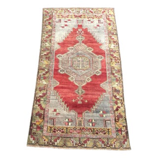 Turkish Handmade Red and Gray Wool Area Rug For Sale