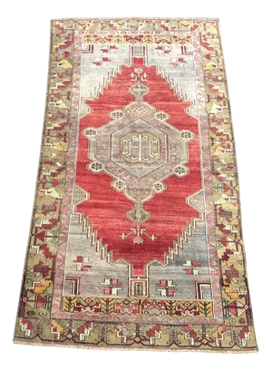 Turkish Handmade Red and Gray Wool Area Rug