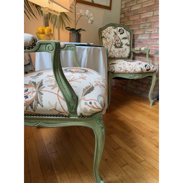 Pair of Custom Botanical Crewelwork Chairs in Green For Sale - Image 9 of 18