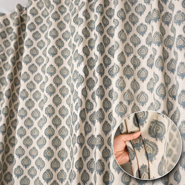 Cornflower Blue Fabdivine Viscose Linen Ring Curtain Handcrafted Block Print Elegance Size-54"x108" - Uday For Sale - Image 8 of 9