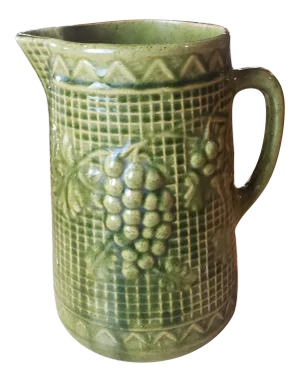 Antique Late 19th Century Uhl Pottery Grapes & Lattice Crockery Pitcher