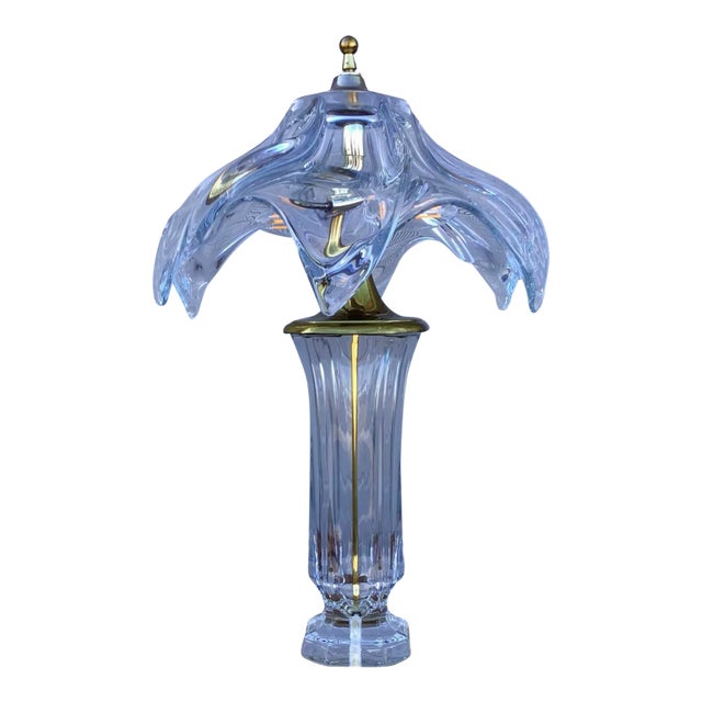 Art Deco Table Lamp by Cofrac Art Verrier, Clear Crystal & Brass, France, 1970s For Sale