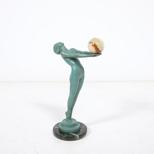 Art Deco Art Deco Sculptural Onyx & Veria Green Marble Nude Flapper Signed Max Le Verrier For Sale - Image 3 of 17